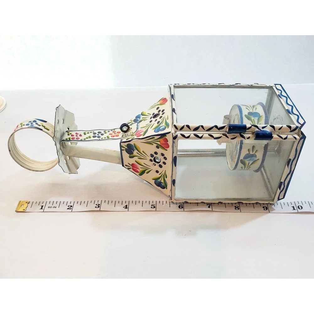 Vintage Primitive Folk Art Tin & Glass Hand Painted Floral Oil Lantern Portugal